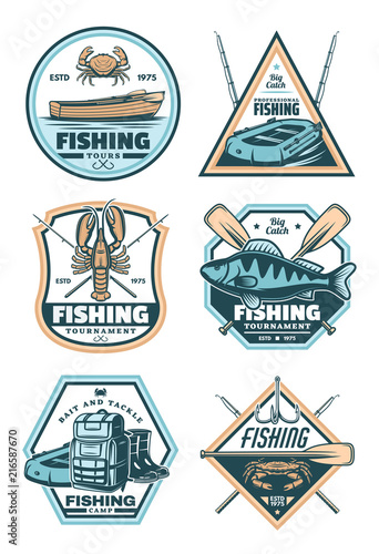 Fishing vintage badge with fish, rod and hook