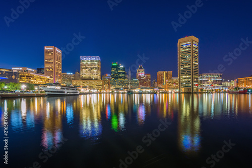 The Inner Harbor skyline at night, in Baltimore, Maryland © jonbilous