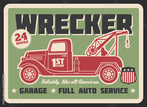 Truck wrecker vintage banner, auto service design