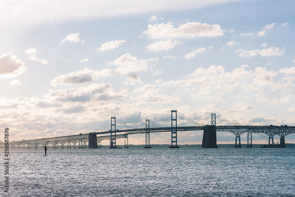 View of the Chesapeake Bay Bridge from Sandy Point State Park, in Annapolis, Maryland