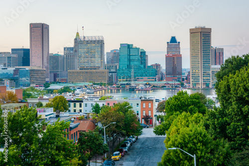 View of Federal Hill row houses and the Inner Harbor, in Baltimore, Maryland