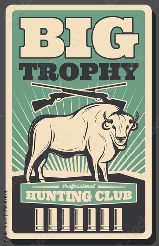 Hunting club retro banner with bison, hunter rifle