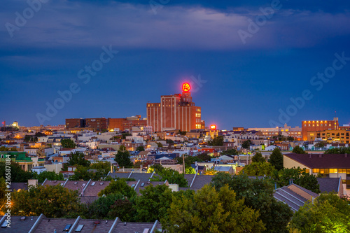 View of the Natty Boh Tower at night in Canton, Baltimore, Maryland