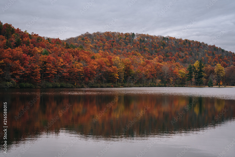 Obraz premium Autumn reflections at Sherando Lake, near the Blue Ridge Parkway in George Washington National Forest, Virginia.