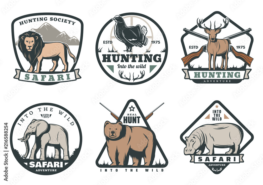 Wild animals and birds safari hunting retro badges Stock Vector | Adobe  Stock