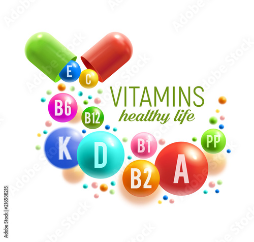 Vitamin pill and ball poster, multivitamin design photo
