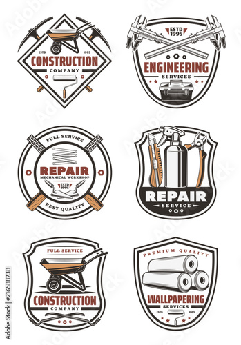 Construction company retro badge with repair tool