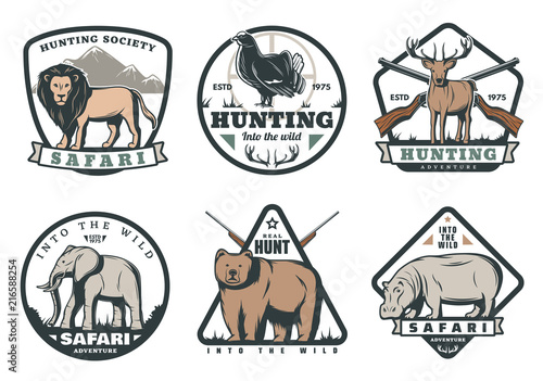 Wild animals and birds safari hunting retro badges