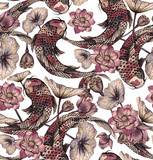 Seamless pattern with carp, and lotuses. Hand-drawn watercolor stock illustration with koi, and lotus flowers