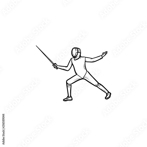 Man practicing fencing hand drawn outline doodle icon. Fencer, swardsman, fencing competition concept. Vector sketch illustration for print, web, mobile and infographics on white background.