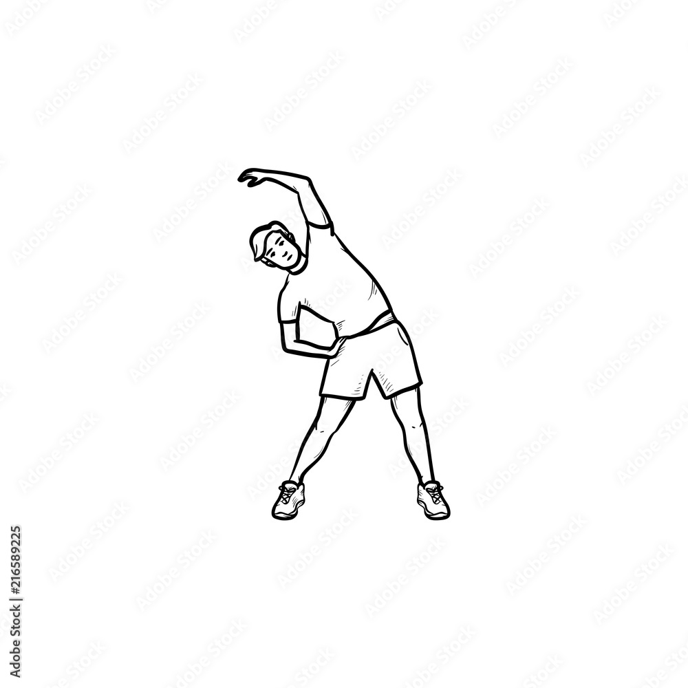 Man do stretching exercises hand drawn outline doodle icon. Health and fitness, morning gymnastics concept. Vector sketch illustration for print, web, mobile and infographics on white background.