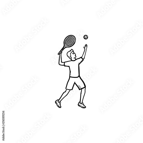 Man playing big tennis hand drawn outline doodle icon. Big tennis tournament, ball and racket concept. Vector sketch illustration for print, web, mobile and infographics on white background.