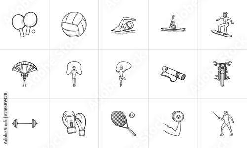 Sport and equipment hand drawn outline doodle icon set. Outline doodle icon set for print, web, mobile and infographics. Gym equipment vector sketch illustration set isolated on white background.