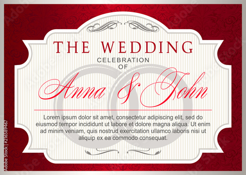 wedding invitation template. ruby red with silver, elegant, luxurious with baroque ornament (congratulation, postcard, banner, invitation)