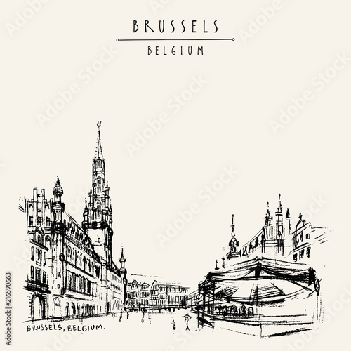 Brussels, Belgium. Grand Place. Hand drawn travel postcard