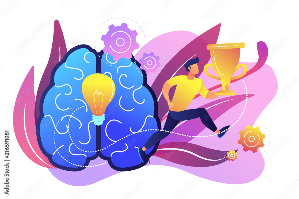 Brain with bulb and user jumps carrying cup. Challenge and move for success, confidence and winning competition, motivation and goals achievement concept, violet palette. Vector isolated illustration. - obrazy, fototapety, plakaty 
