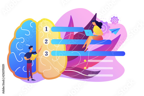 Brain with tasks and users with laptops planning. Strategy and planning, analyzing, setting goals, business planning and project management concept, violet palette. Vector isolated illustration.