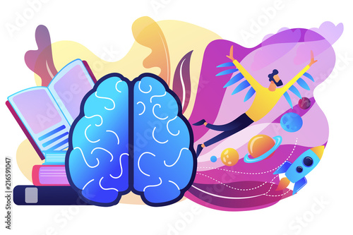 Open book, brain and user flying in space among planets. Imagination and vision, creative thinking, ideas and fantasy, motivation and inspiration concept, violet palette. Vector isolated illustration.
