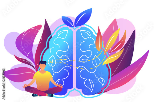 User practicing mindfulness meditation in lotus pose. Mindful meditating, mental calmness and self-consciousness, focusing and releasing stress concept, violet palette. Vector isolated illustration.