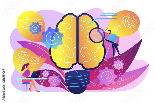 Human brain with gears thinking and users. Creating ideas and thoughts, brainstorming, creativity and business ideas, thinking and invention concept, violet palette. Vector isolated illustration.