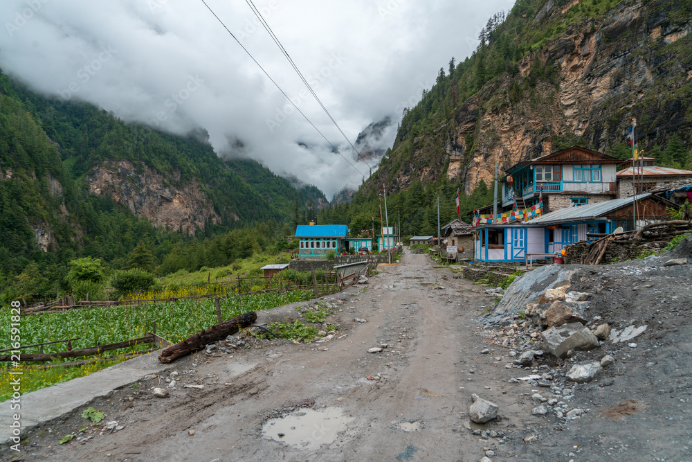 Naklejka premium The streets outside Chame on the Annapurna Circuit are full of character