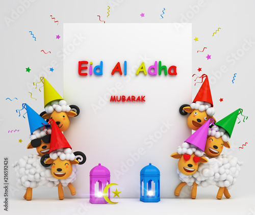 Cute cartoon sheep smile wearing colorful party hat. Design creative concept of islamic celebration happy eid adha. 3d rendering illustration.
