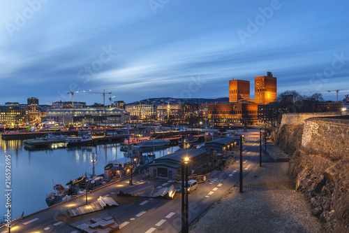 Oslo night city skyline at Oslo City Hall and Harbour, Oslo Norway