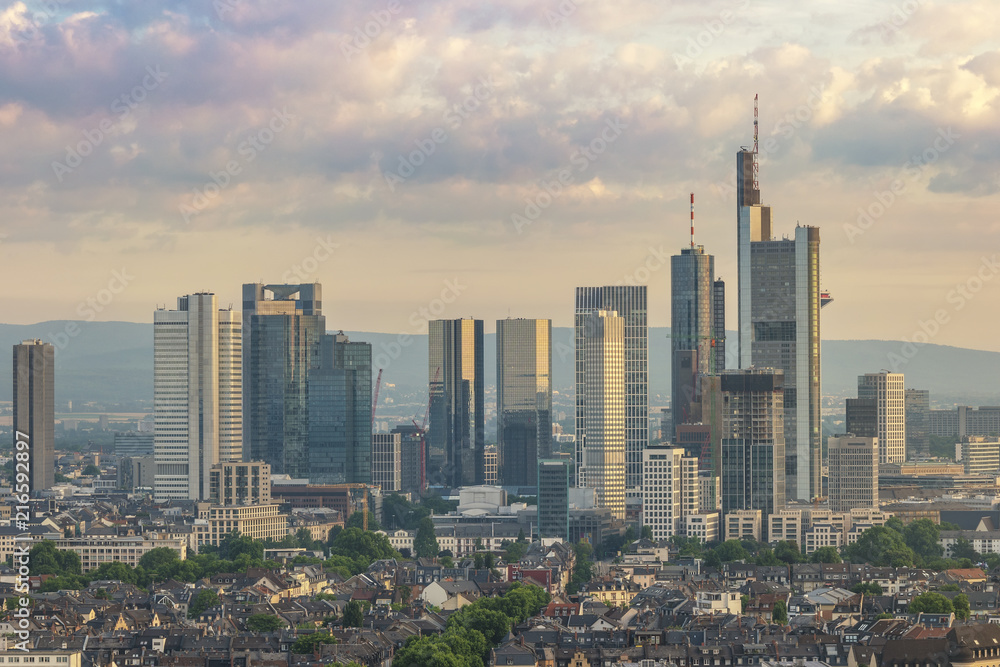 Frankfurt aerial view city skyline at business district skyscraper, Frankfurt Germany