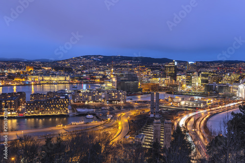 Oslo night aerial view city skyline at business district and Barcode Project, Oslo Norway