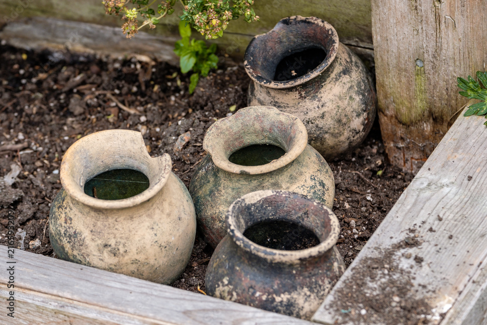 couple dirty empty jars in the garden in the shade couple dirty empty jars in the garden in the shade