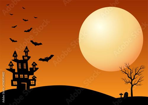 Halloween vector background with dark castle, moon and bat silhouette style of sunset orange light