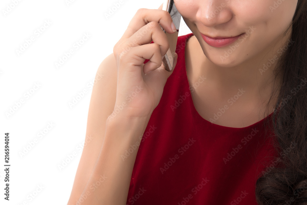 Close up young asian business woman with phone, Free from copy space. Close up young asian business woman with phone, Free from copy space.