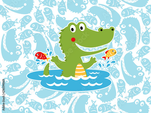 Vector of happy crocodile cartoon on seamless pattern background