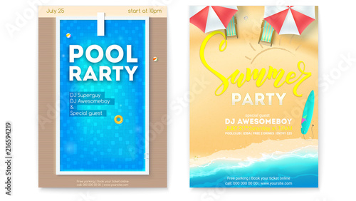 Set of posters for summer parties. Invitation for pool party and beach summer party. Top view on pool, seaside, deck chairs, inflatable balls, circles, board for jumping into water. Vector template