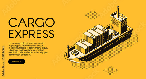 Ship delivery vector illustration of thin line art in black isometric halftone style. Maritime transport cargo logistics technology of boat shipping containers and parcel boxes on yellow background