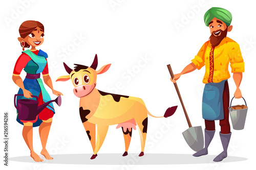 Indian farmers and cattle vector illustration of man and woman in sari with cow. Cartoon farming people with spade and bucket for harvest planting and watering can