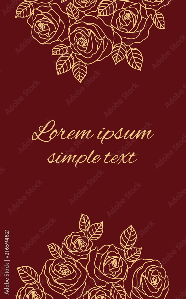 Beige outline roses on the maroon greeting card