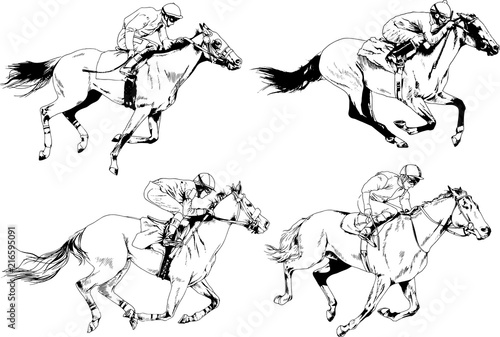 jockey on a galloping horse painted with ink by hand on a white background photo