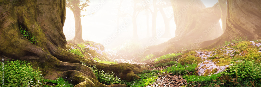 Obraz premium ścieżka przez las, magiczny las fantazji o wschodzie słońca