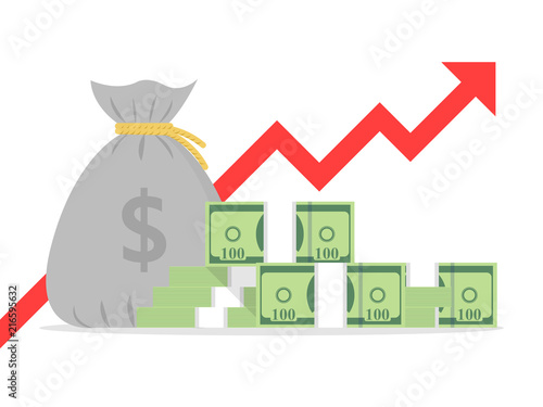 Profit money or budget vector illustration, flat cartoon pile of paper cash and rising graph arrow up, concept of business success, economic or market growth, investment revenue earnings, benefit