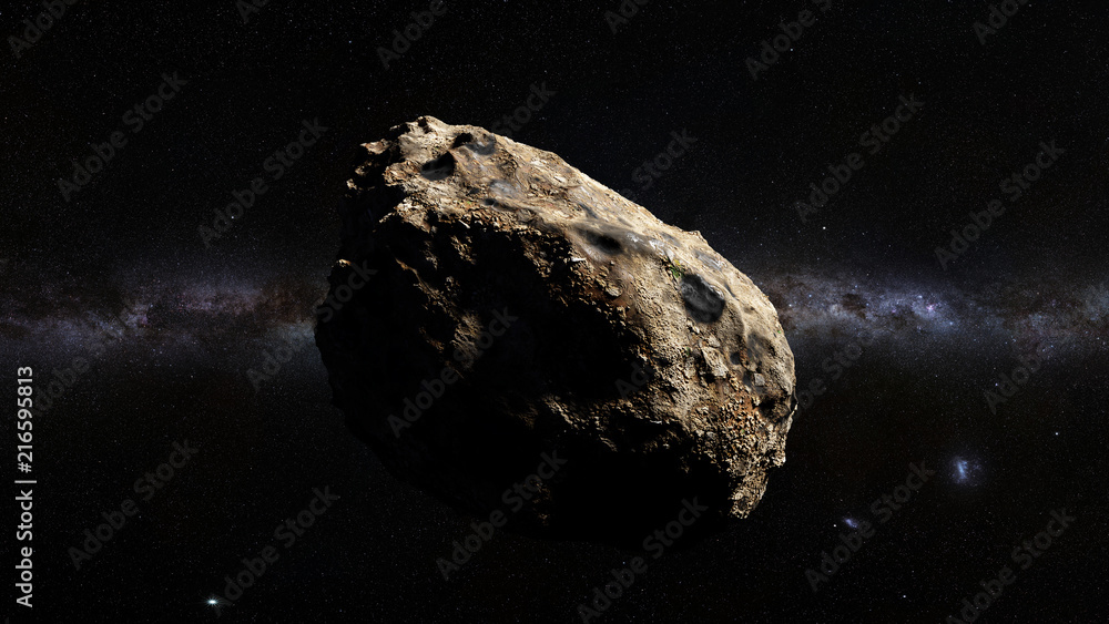 Fototapeta premium dwarf planet of the asteroid belt lit by Sun and Milky Way galaxy