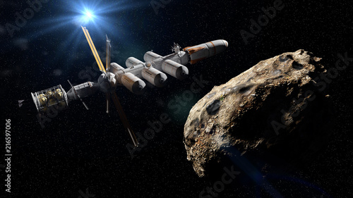 spaceship approaching asteroid, dwarf planet mission, deep space exploration