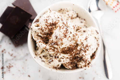 Vanilla ice cream with chocolate chips - straciatella. Fresh, sorbet