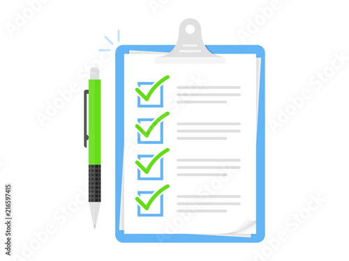 Clipboard and check marks and pen. Flat style design vector illustration