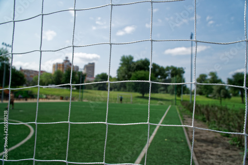 Soccer or football field with white net and square cell.