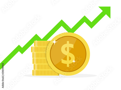 Profit money or budget vector illustration, flat cartoon pile of cash and rising graph arrow up, concept of business success, economic or market growth, investment revenue, capital earnings, benefit