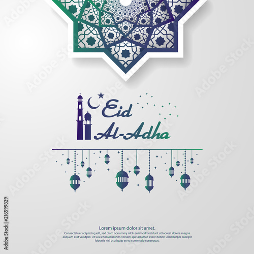 Eid al Adha or Fitr Mubarak islamic greeting card design. abstract mandala with pattern ornament and hanging lantern element. background Vector illustration