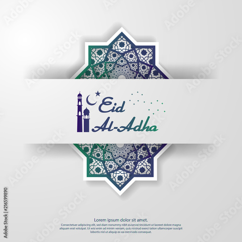 Eid al Adha or Fitr Mubarak islamic greeting card design. abstract mandala with pattern ornament and hanging lantern element. background Vector illustration