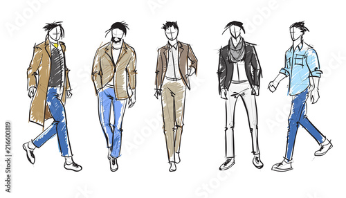 Fashion man. Set of fashionable men's sketches on a white background.