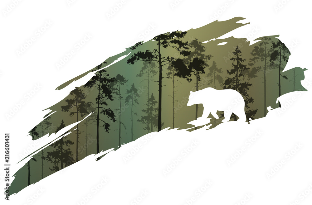Obraz premium fragment tła z lasem i niedźwiedziem do projektu. Ilustracji wektorowych